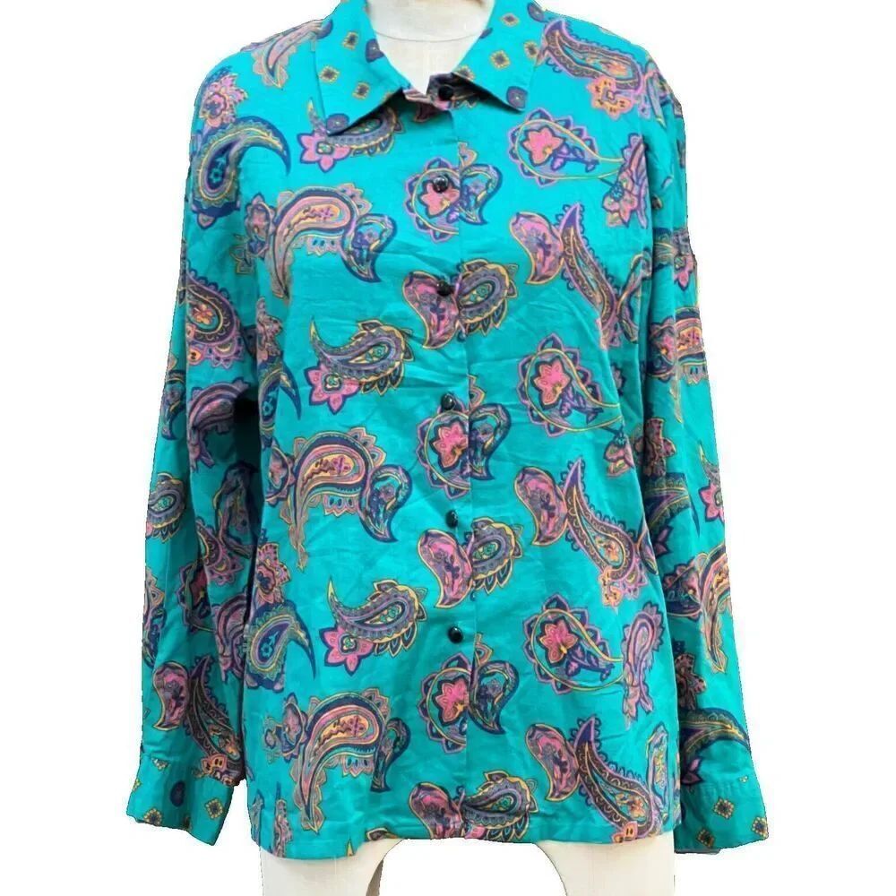 Combinations Vintage Button Up Teal Paisley Blouse L